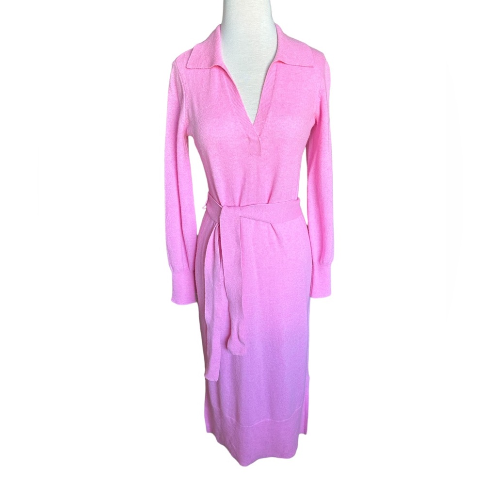 Chapter Club 100% Cashmere Barbie Pink Long Sleeve Johnny Collar Midi Dress